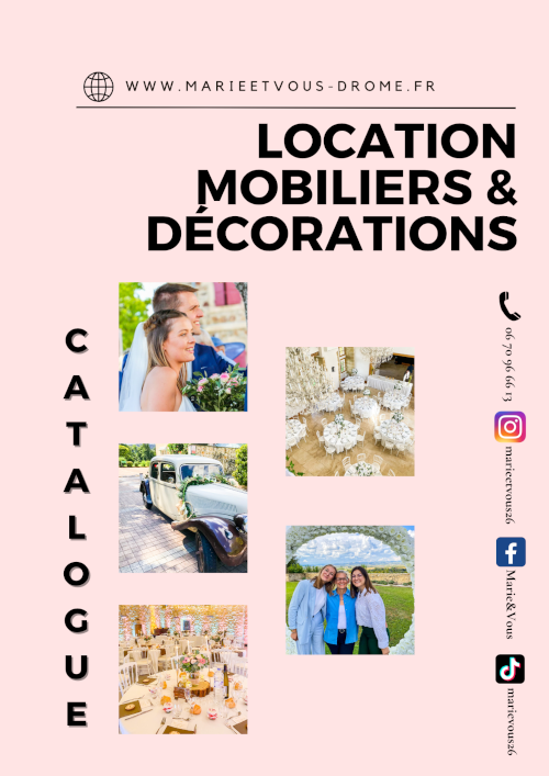 Catalogue de location et mobilier de décoration de l'agence Marie&Vous. Réalisé pendant le stage.